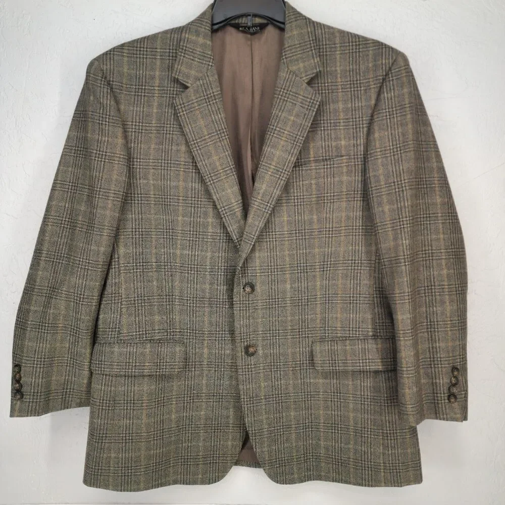 Jos A. Bank 44R | Brown Windowpane Plaid 100 Wool Tweed Sport Coat Blazer Jacket